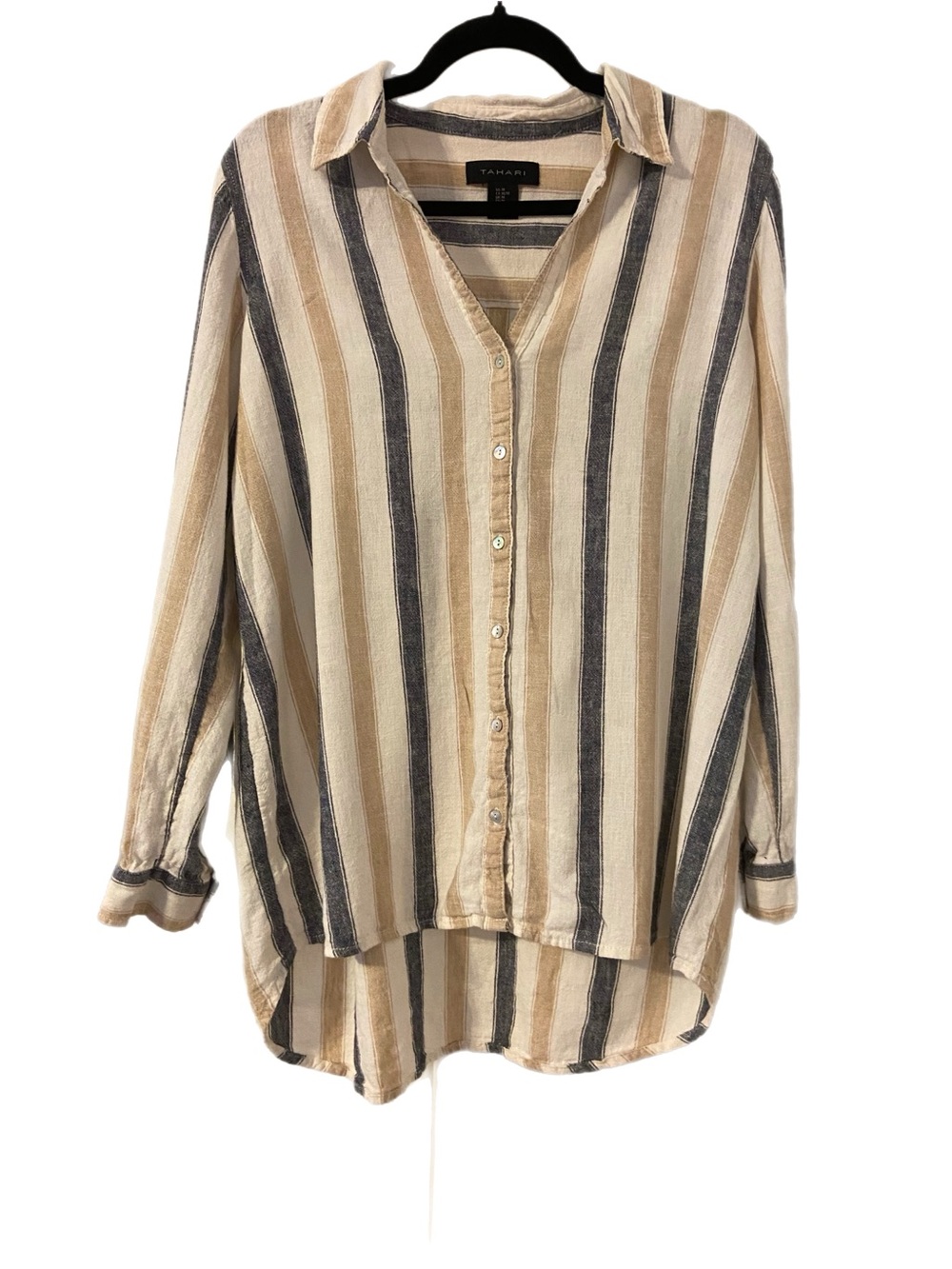 Tahari Beige and Black Striped Button-Front Shirt